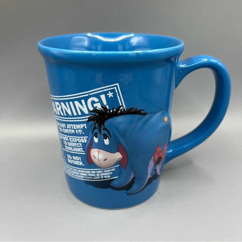 Disney Store Eeyore Blue 3D Drink Mug Embossed Winnie The Pooh “Eeyore Warning!”